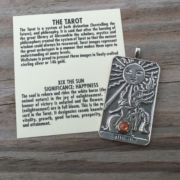Sun Tarot Card Pendant .925 Sterling Silver w/ genuine Sunstone gem Made in USA - Picture 5 of 16